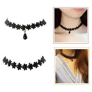 Black Floral Lace Choker Necklace with Teardrop Pendant
